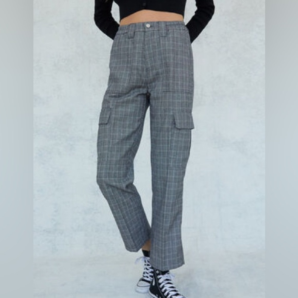 PacSun Plaid Utility Cargo Pants Black, Gray, White Glen Check Wide Leg